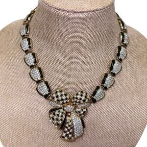 Vintage Swarovski Bow Necklace Black Enamel Crystal Gold Statement Necklace